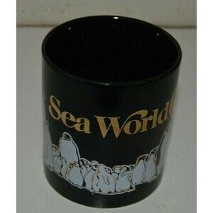 Nice Vintage SEA WORLD Penguins Whale Black & Gold Ceramic Coffee Mug Rare